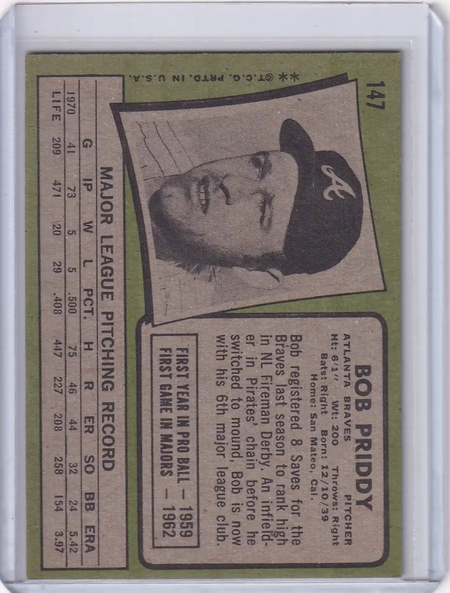 1971 Topps Baseball #147 Bob Priddy - Atlanta Braves