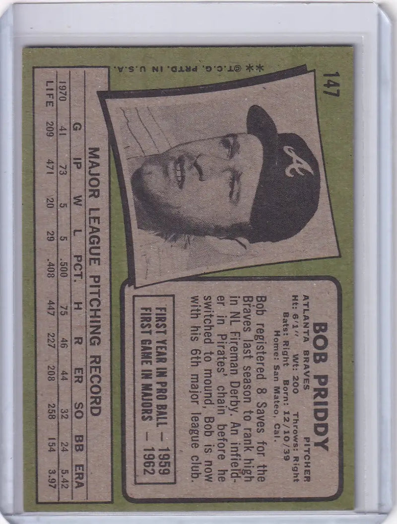 1971 Topps Baseball #147 Bob Priddy - Atlanta Braves