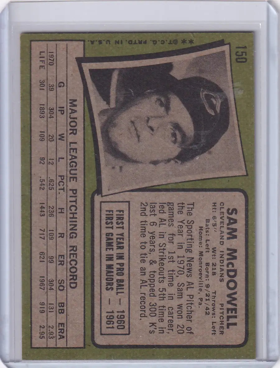 Vintage Topps Baseball card of Sam McDowell in protective plastic holder, Cleveland Indians