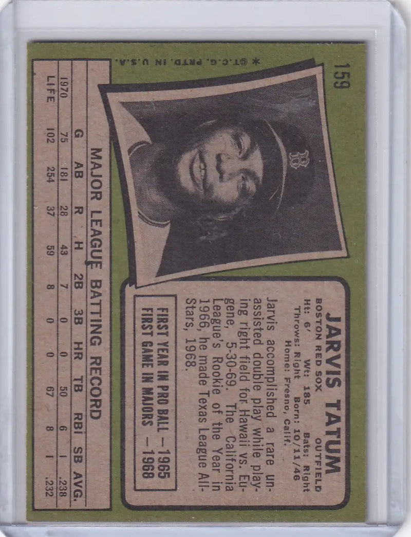1971 Topps Baseball #159 Jarvis Tatum - Boston Red Sox