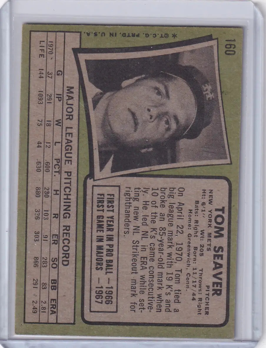 Vintage 1971 Topps Baseball card featuring Tom Seaver of the New York Mets