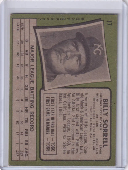 Vintage 1971 Topps Baseball card of Billy Sorrell from Kansas City Royals