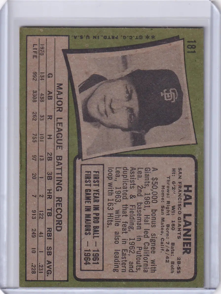 Baseball card of Hal Lanier, San Francisco Giants, from 1971 Topps Baseball series