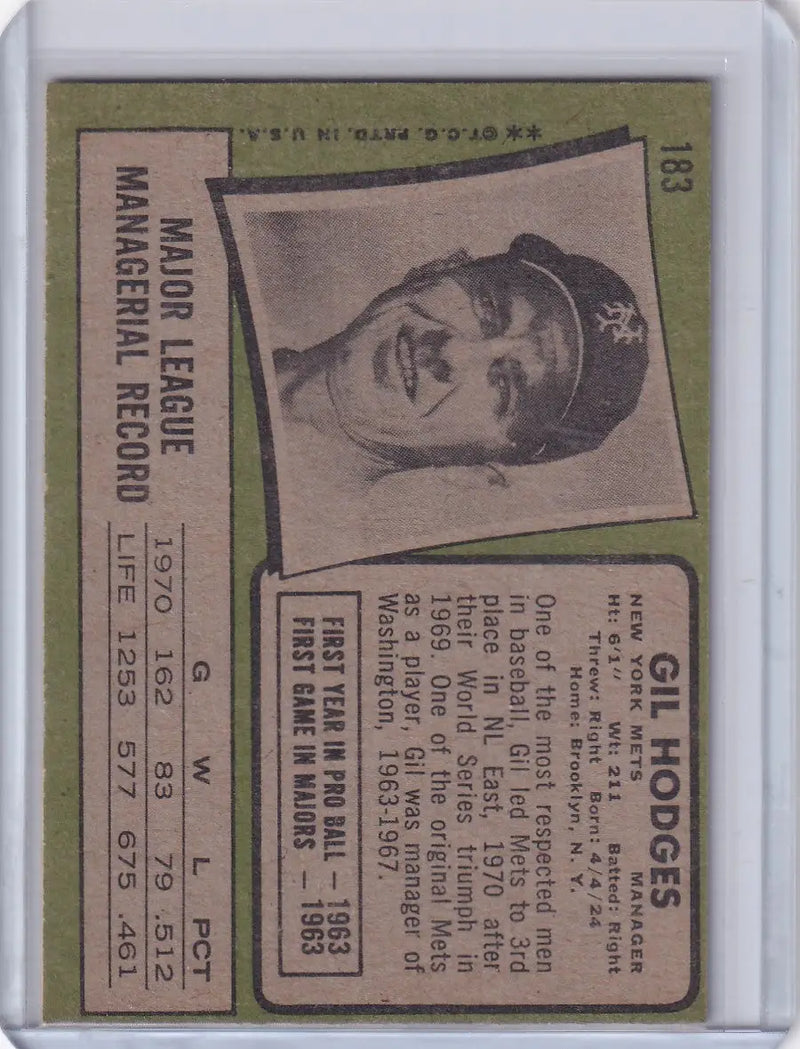 1971 Topps Baseball #183 Gil Hodges - New York Mets