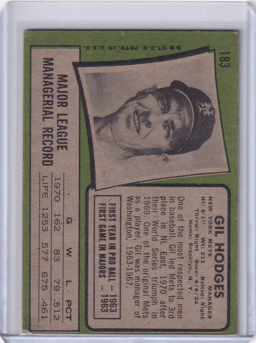 Vintage Topps Baseball card of Gil Hodges, New York Mets player portrait and stats