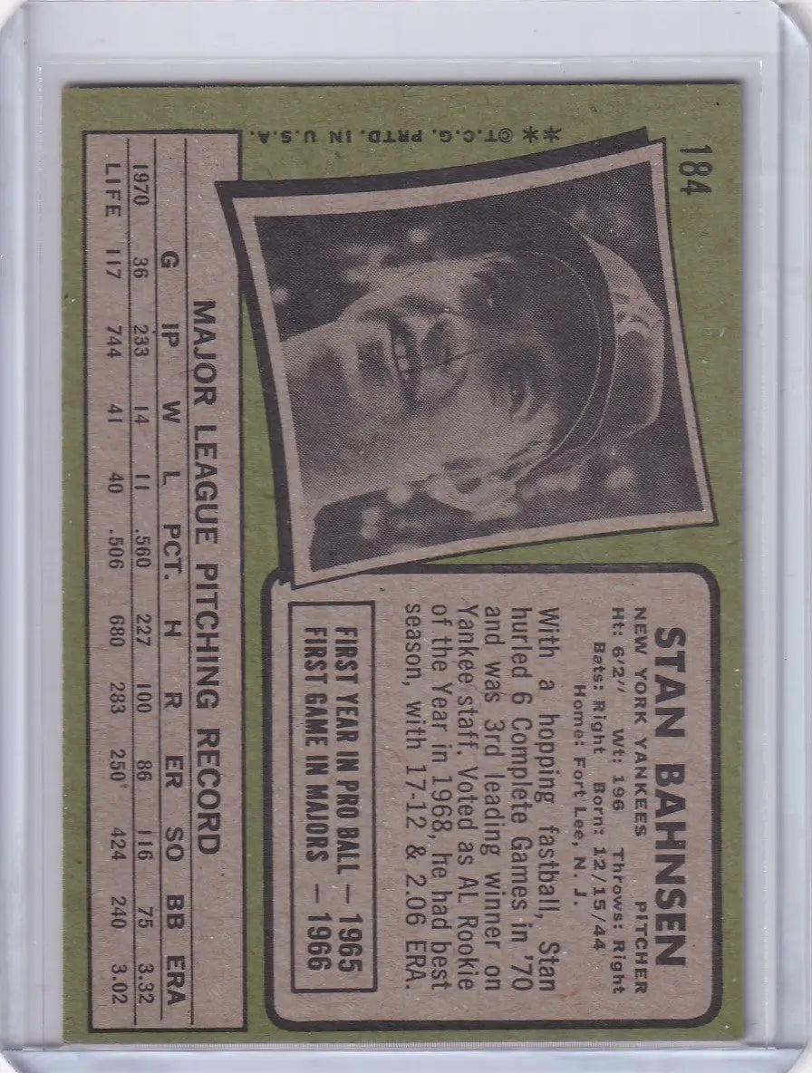 1971 Topps Baseball #184 Stan Bahnsen - New York Yankees