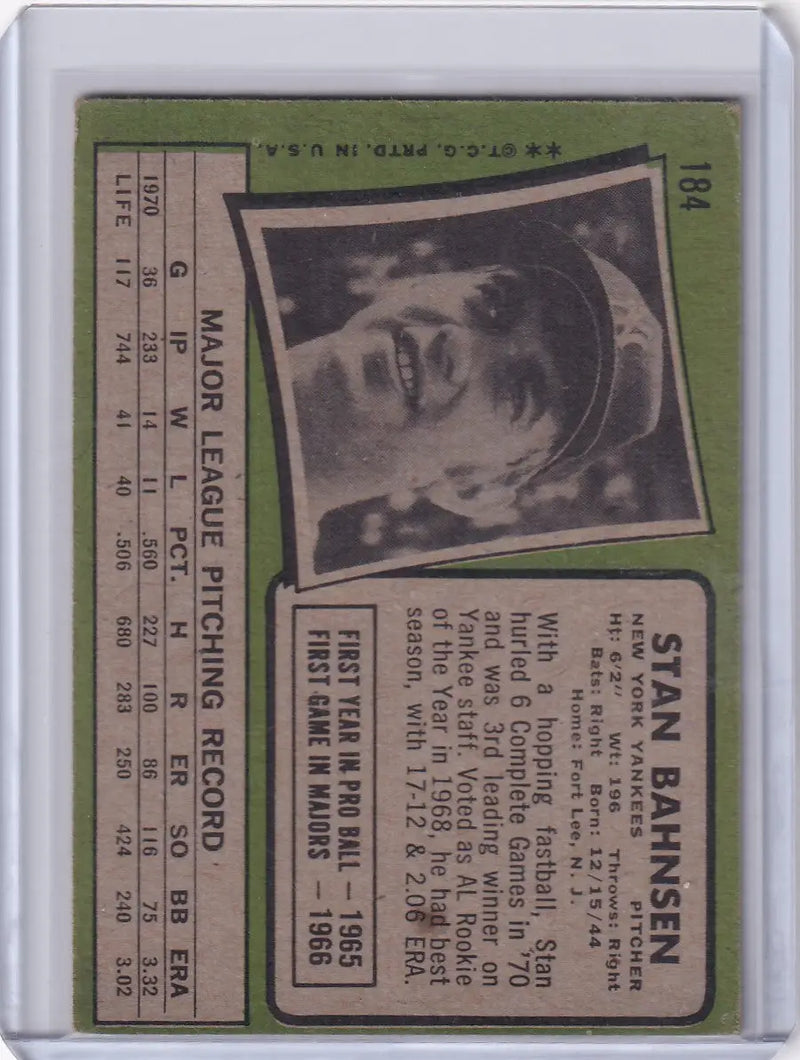 Vintage 1971 Topps Baseball card of Stan Bahnsen, New York Yankees in protective sleeve