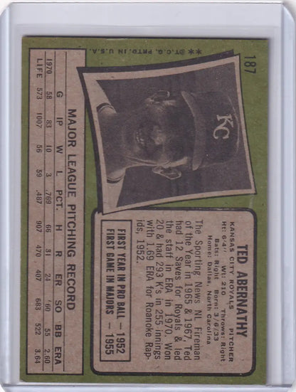 1971 Topps Baseball #187 Ted Abernathy card featuring Kansas City Royals player photo