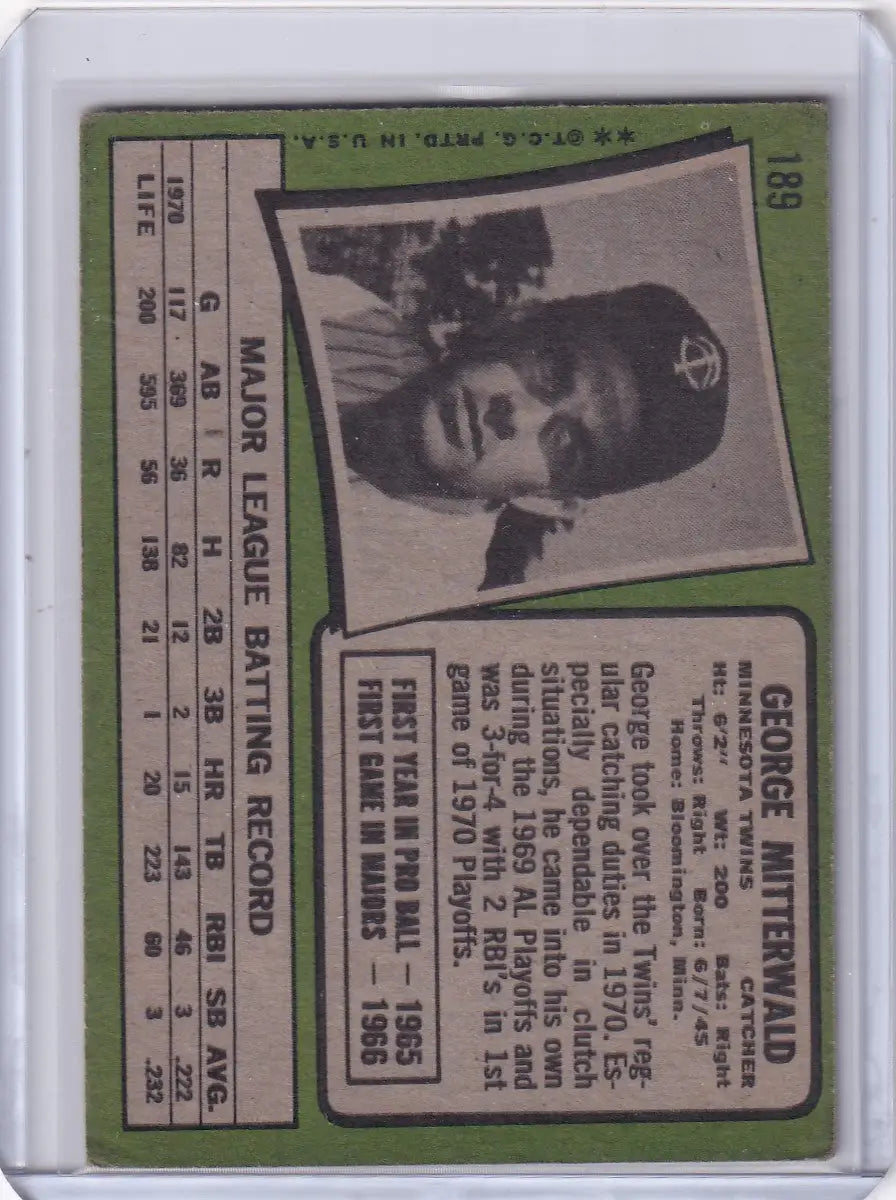 1971 Topps Baseball card of George Mitterwald featuring a Minnesota Twins portrait