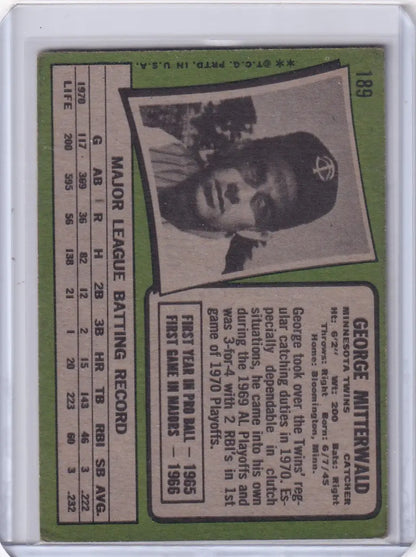 1971 Topps Baseball card of George Mitterwald featuring a Minnesota Twins portrait