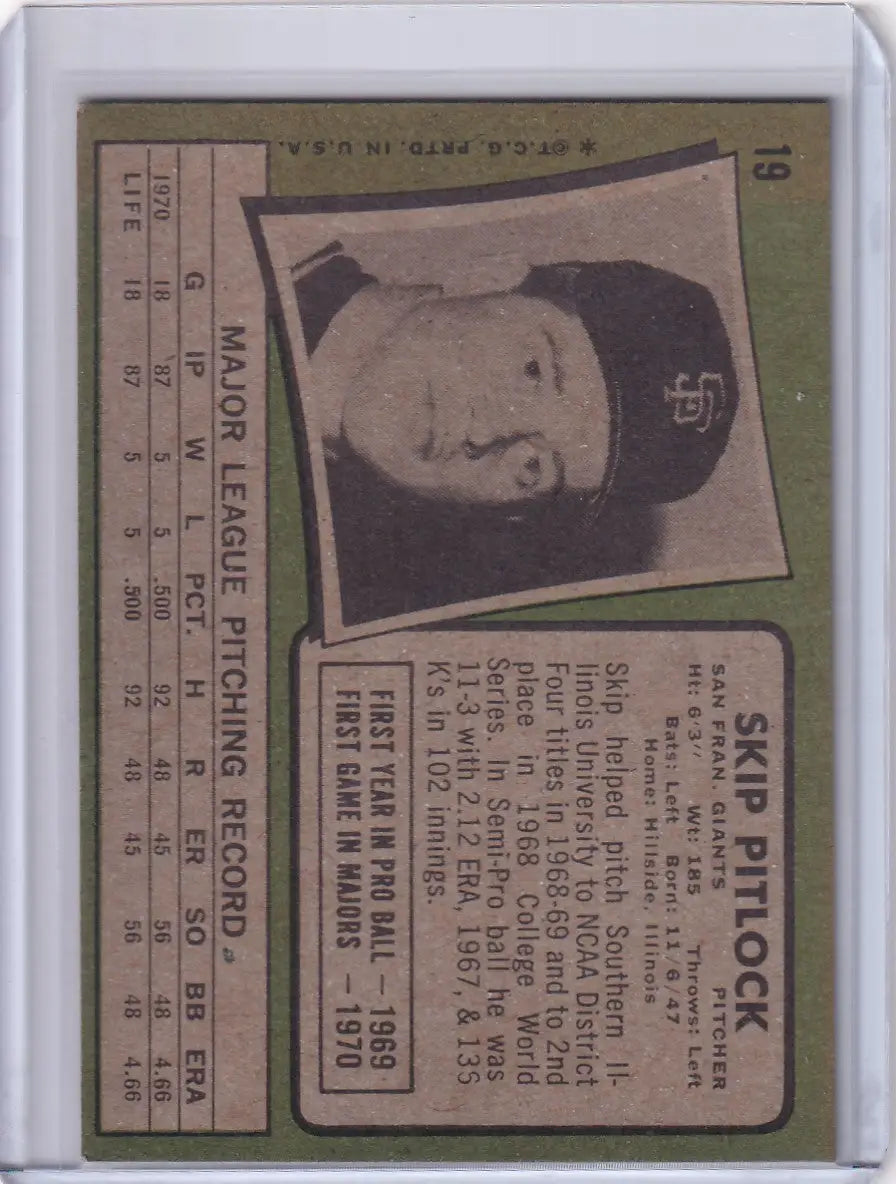 1971 Topps Baseball #19 Skip Pitlock - San Francisco Giants RC