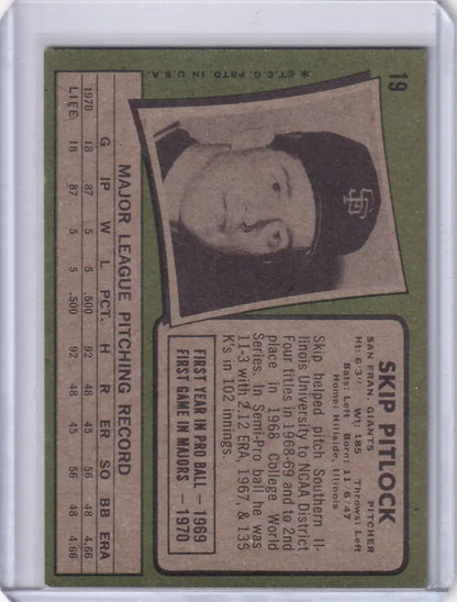 Vintage Topps Baseball card of Skip Pitlock featuring a San Francisco Giants portrait
