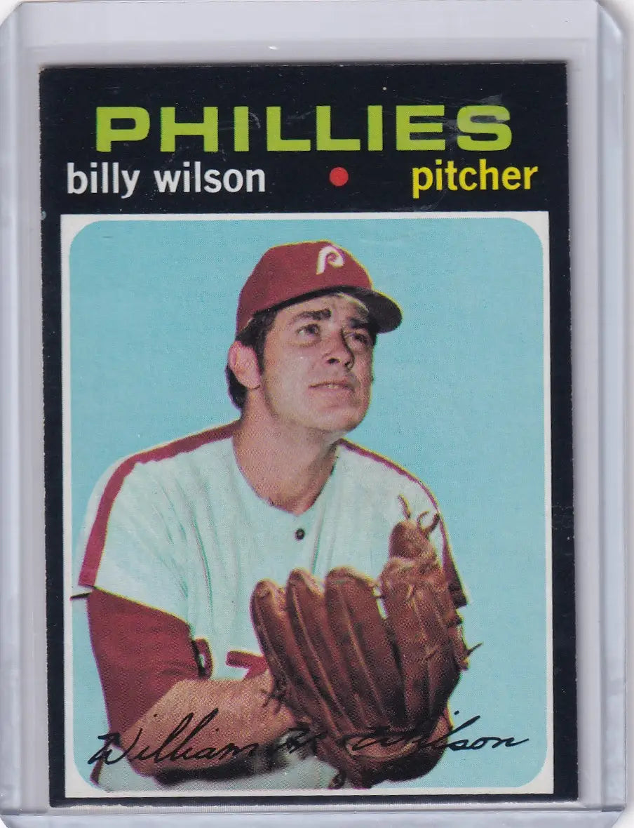 1971 Topps Baseball card of Bill Wilson - Philadelphia Phillies pitcher in white uniform