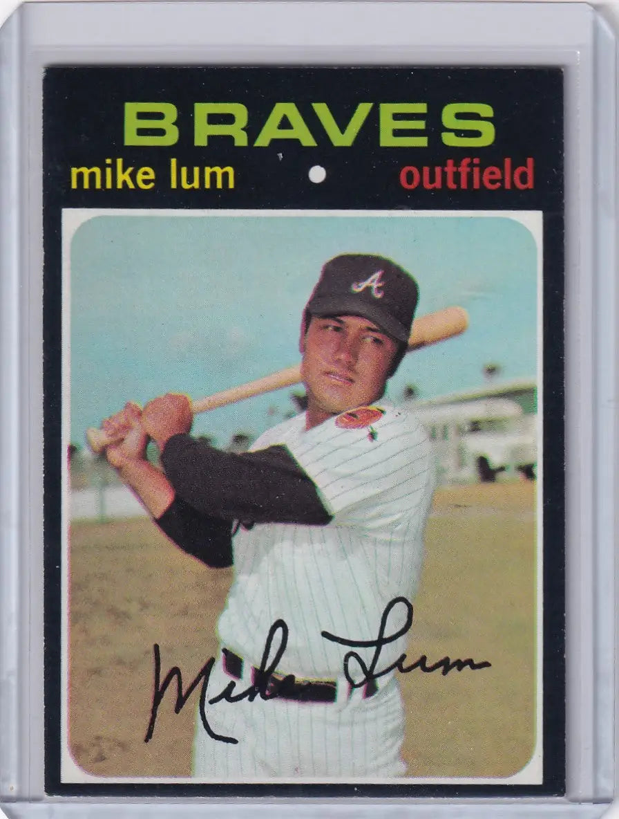 Vintage Topps Baseball card of Mike Lum in batting stance for Atlanta Braves
