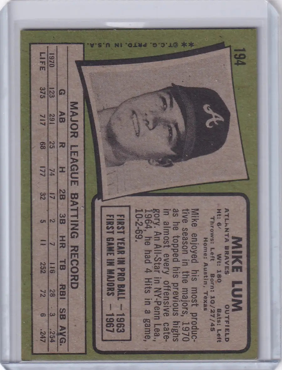 Vintage 1971 Topps Baseball card featuring Mike Lum from the Atlanta Braves team