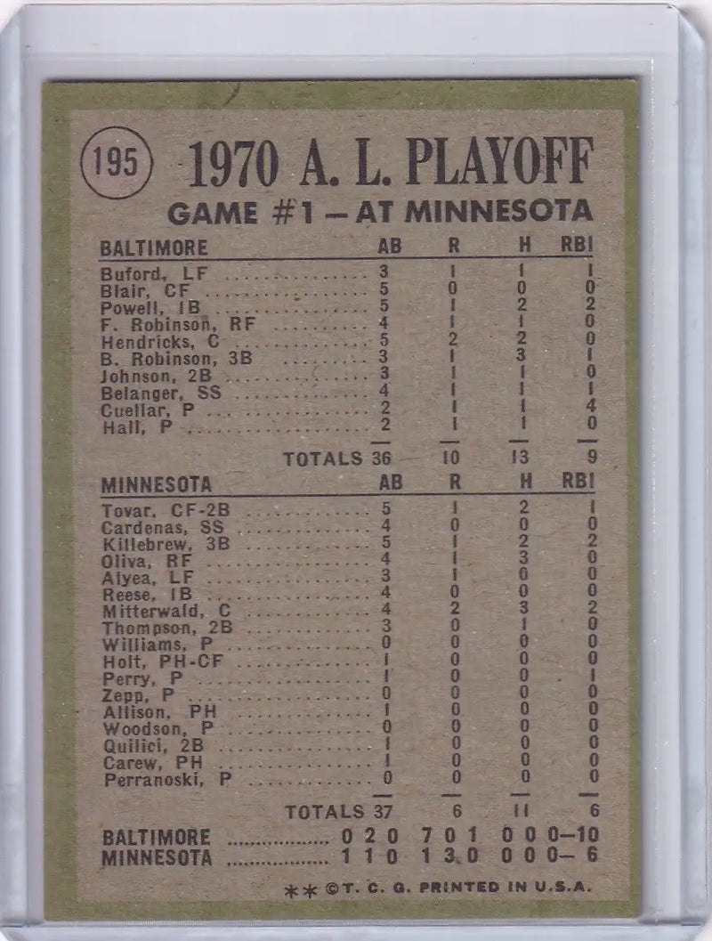 1971 Topps Baseball #195 AL Playoffs Game 1 - Powell Muscles Twins!