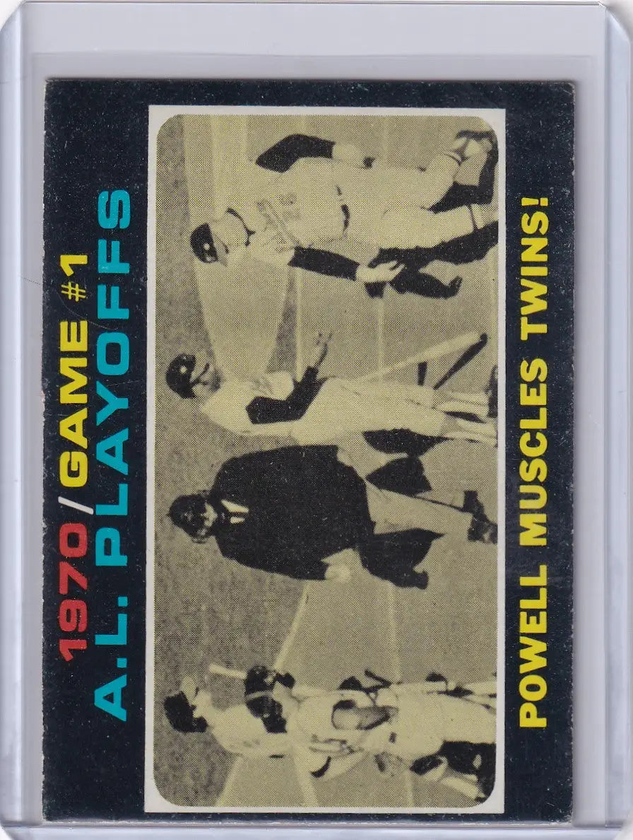 Vintage Topps Baseball trading card featuring Powell Muscles Twins in AL Playoffs Game 1