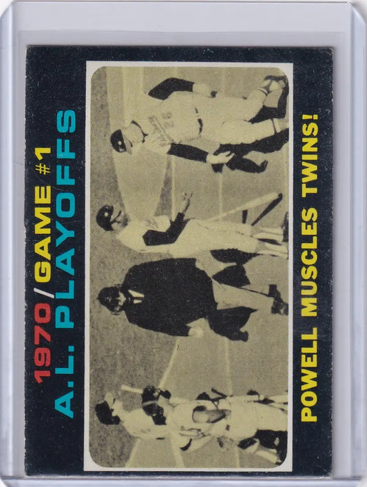 Vintage Topps Baseball trading card featuring Powell Muscles Twins in AL Playoffs Game 1