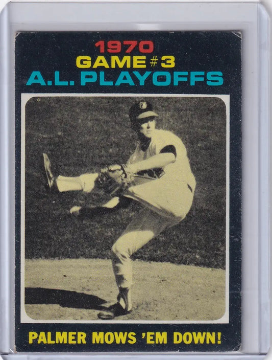 Vintage 1971 Topps Baseball card featuring Palmer Mows in Playoffs Game action