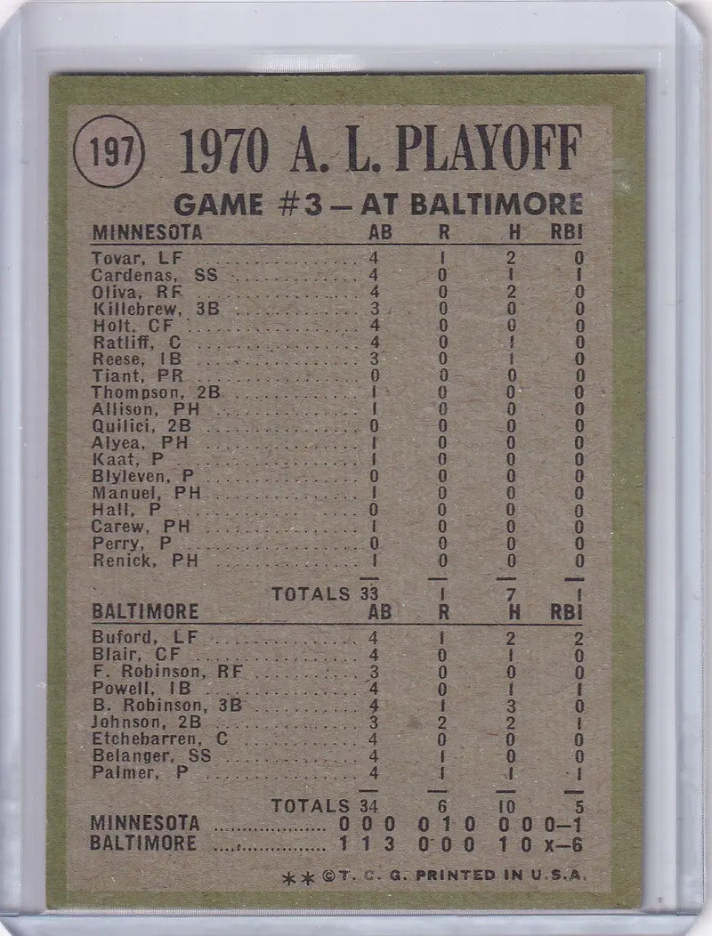 1971 Topps Baseball #197 AL Playoffs Game 3 - Palmer Mows ’Em Down!