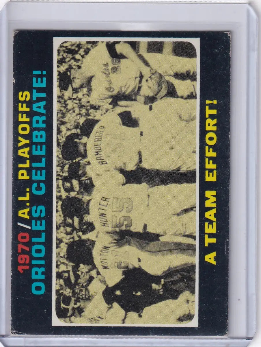 Vintage Topps Baseball card featuring Orioles Celebrate during 1970 AL Playoff Summary