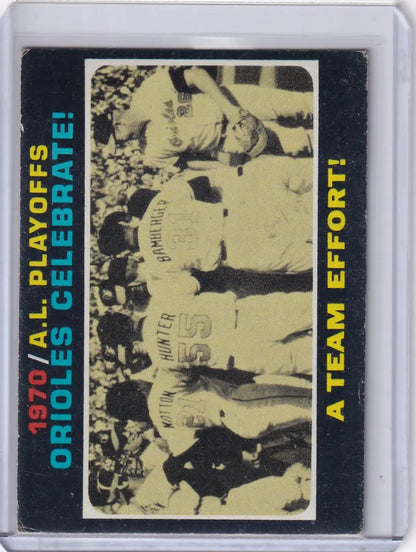 Vintage Topps Baseball card featuring Orioles Celebrate during 1970 AL Playoff Summary