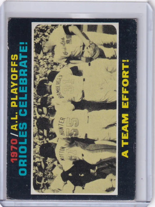 Vintage Topps Baseball card featuring Orioles Celebrate during 1970 AL Playoff Summary
