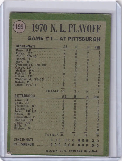 Baseball card of 1970 NL Playoffs Game 1 featuring Topps Baseball and trading cards