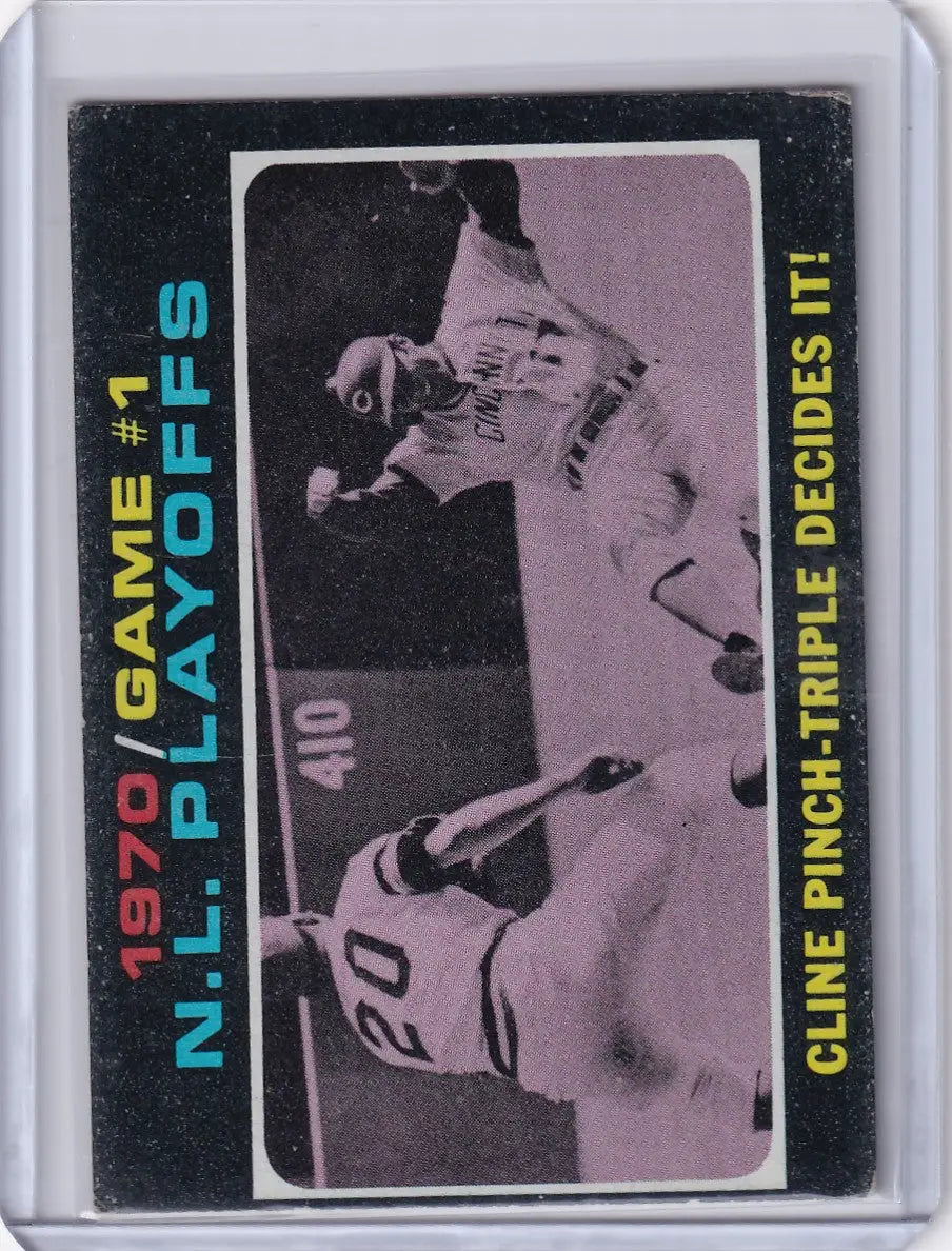 Vintage Topps Baseball trading card of Cline in 1971 NL Playoffs Game 1 action