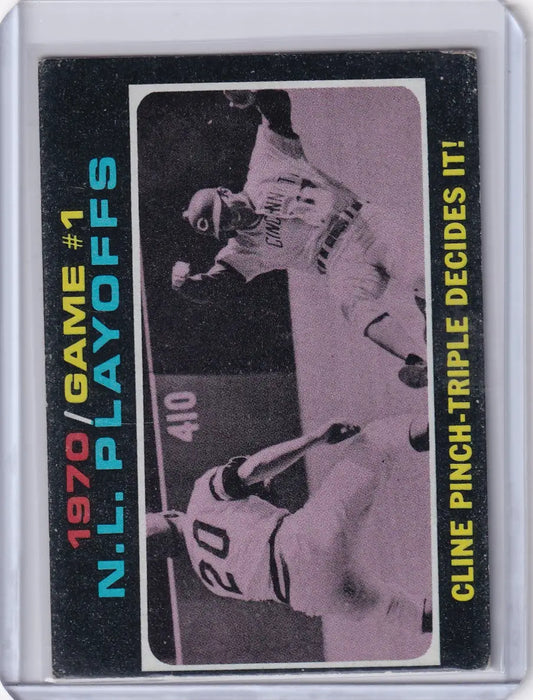 Vintage Topps Baseball trading card of Cline in 1971 NL Playoffs Game 1 action