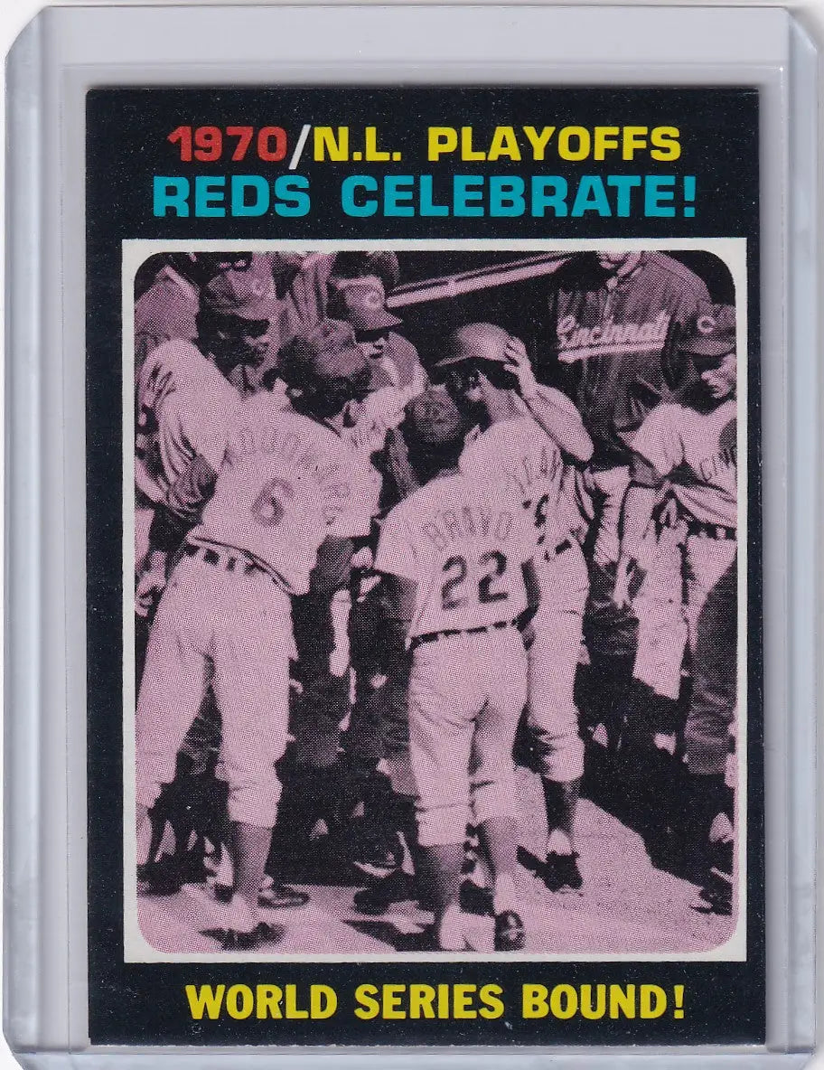 1971 Topps Baseball card featuring Reds celebrate 1970 NL Playoff summary victory