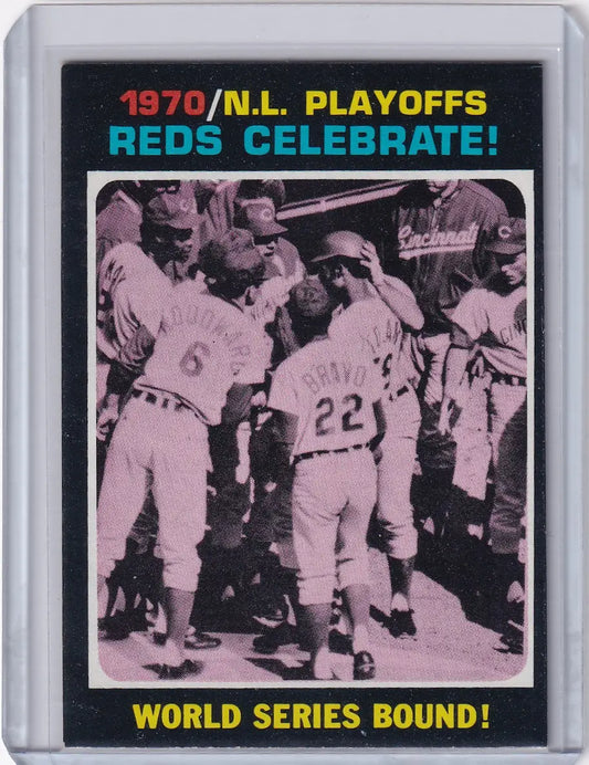 1971 Topps Baseball card featuring Reds celebrate 1970 NL Playoff summary victory