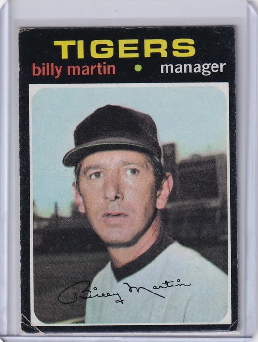Topps Baseball card of Billy Martin, Detroit Tigers manager in cap and uniform