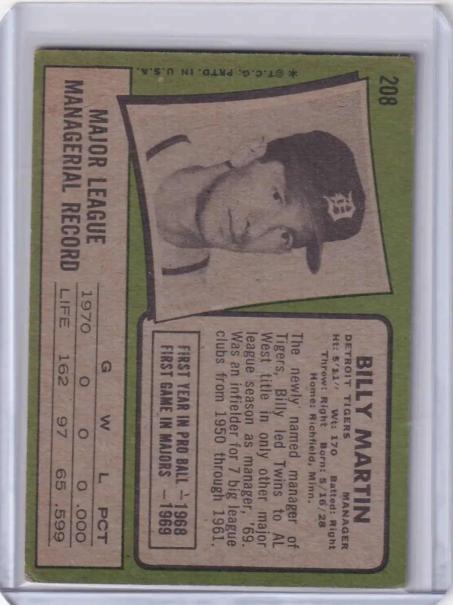 Baseball card of Billy Martin from Topps Baseball featuring Detroit Tigers portrait