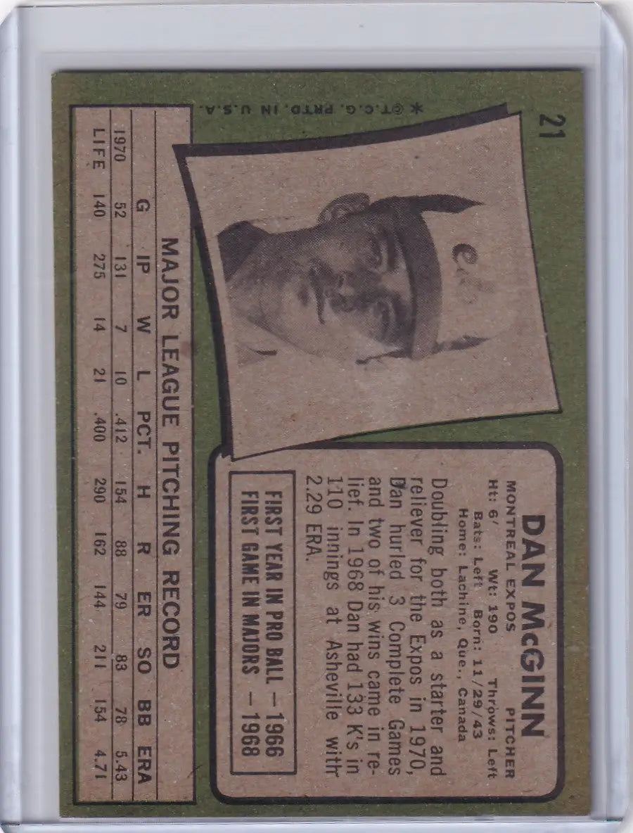 1971 Topps Baseball #21 Dan McGinn - Montreal Expos