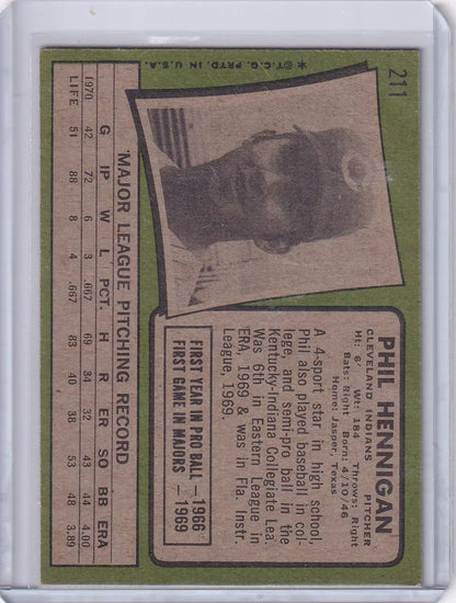 Vintage 1971 Topps Baseball card of Phil Hennigan, Cleveland Indians player statistics