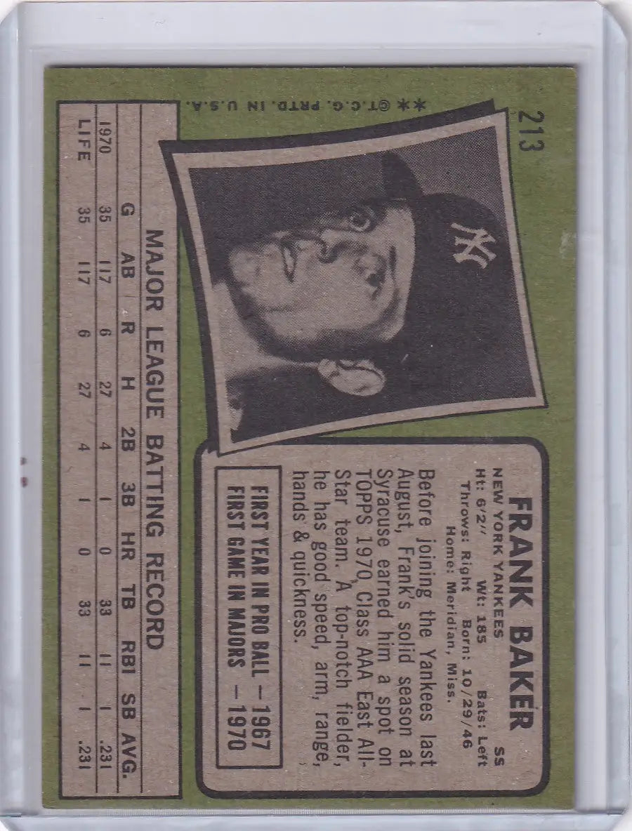 1971 Topps Baseball #213 Frank Baker - New York Yankees RC