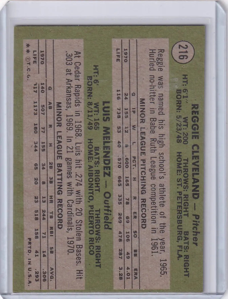 1971 Topps Baseball #216 Cards Rookies - Reggie Cleveland / Luis Melendez RC