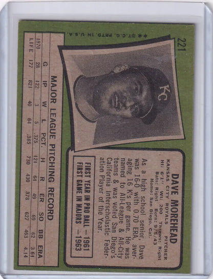 Vintage Kansas City Royals Topps Baseball card of Dave Morehead from 1971