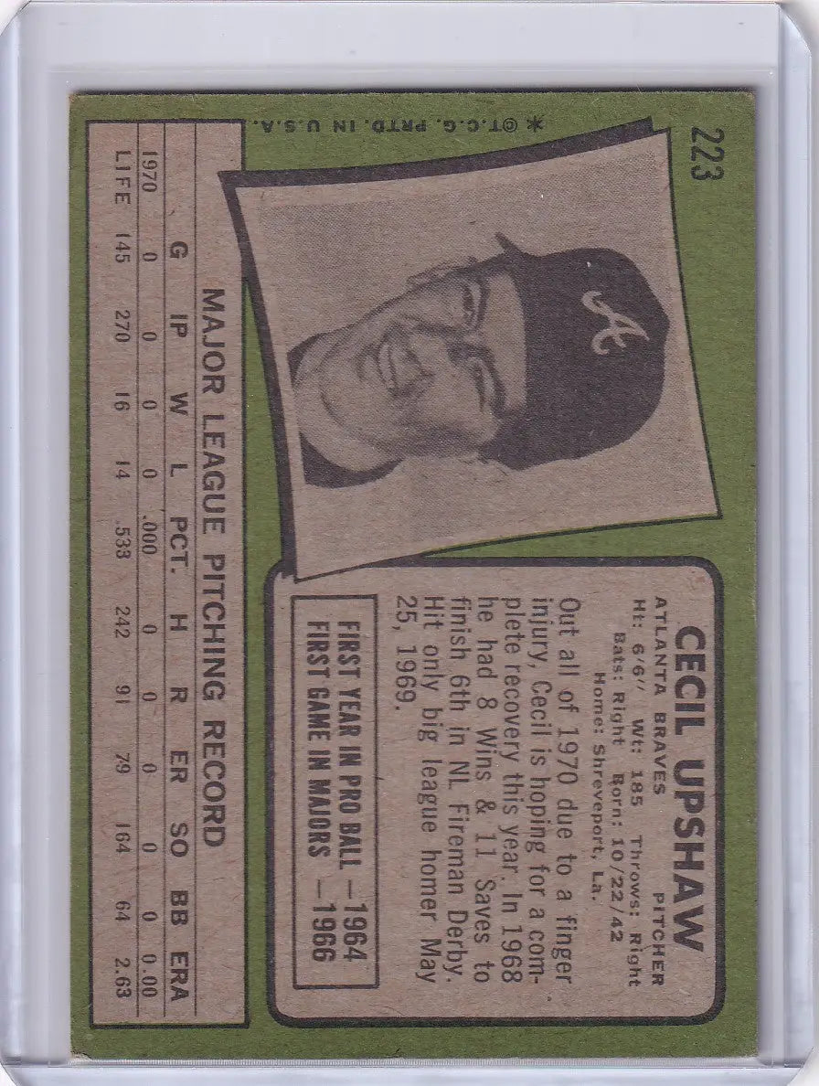 Vintage Topps Baseball card of Cecil Upshaw from Atlanta Braves with a smiling player