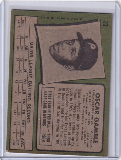 Vintage Topps Baseball card of Oscar Gamble from the Philadelphia Phillies with stats