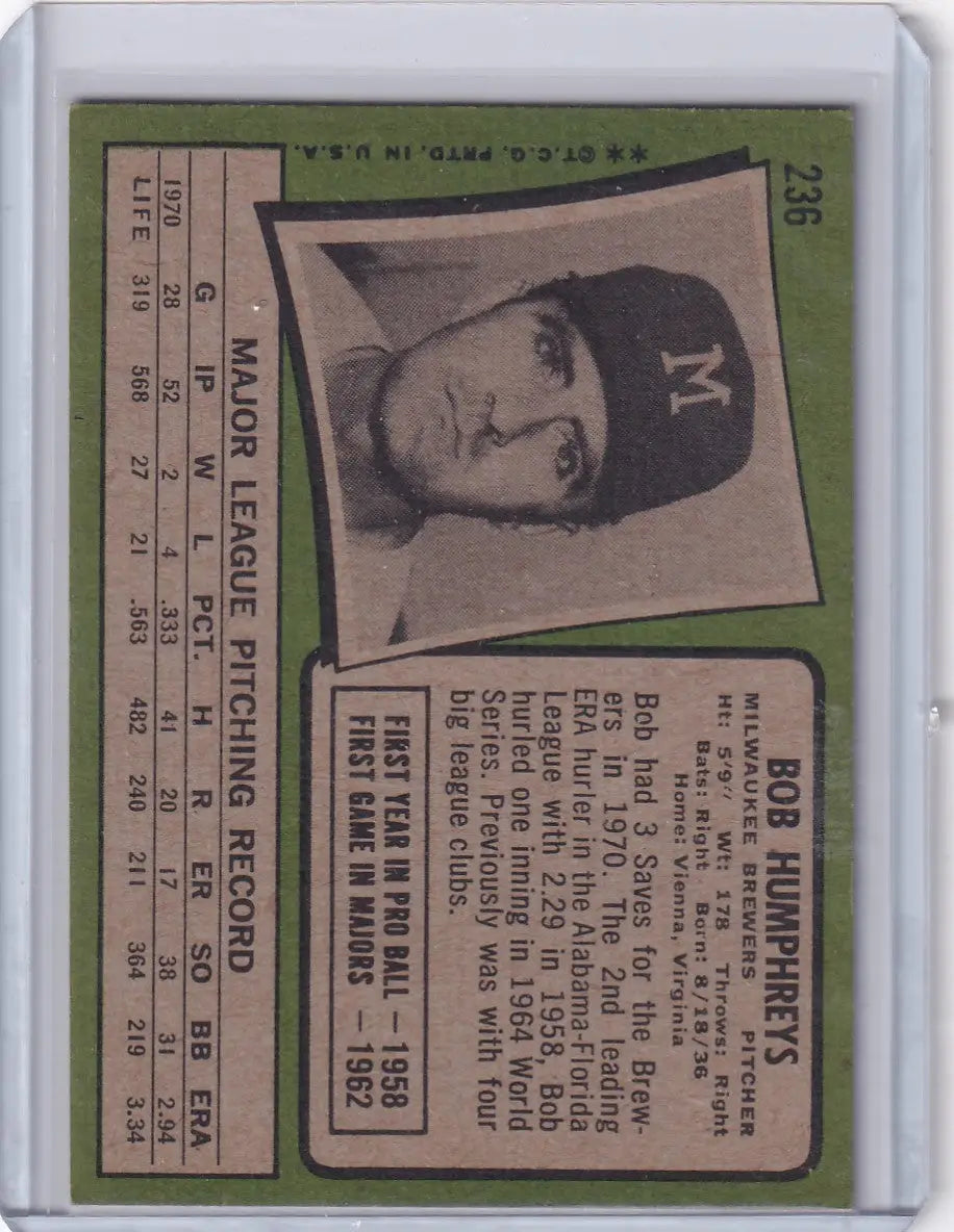 1971 Topps Baseball #236 Bob Humphreys - Milwaukee Brewers