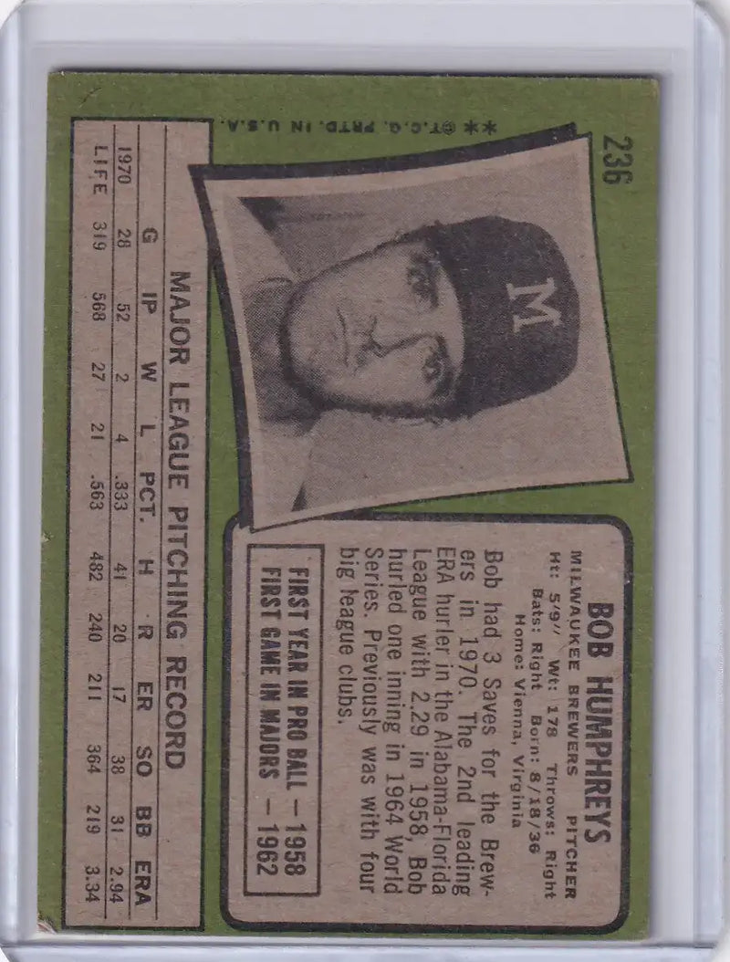 1971 Topps Baseball #236 Bob Humphreys - Milwaukee Brewers