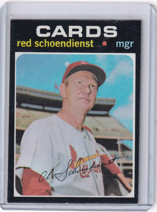 1971 Topps Baseball card of Red Schoendienst, St. Louis Cardinals manager in uniform
