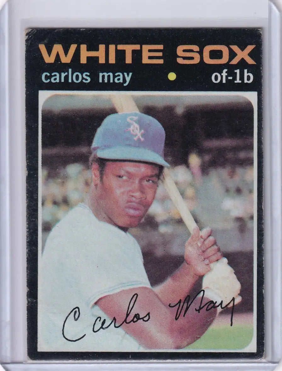 Baseball card of Chicago White Sox player Carlos May in batting stance, Topps Baseball