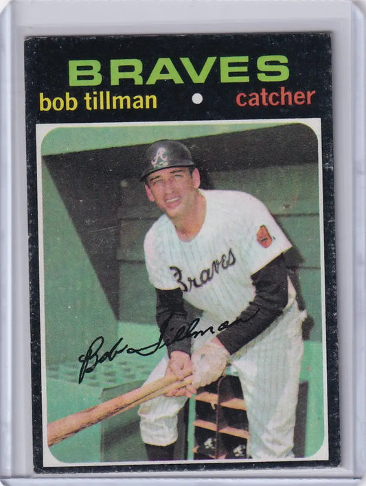 1971 Topps Baseball card of Bob Tillman, Atlanta Braves catcher in dark and white uniform