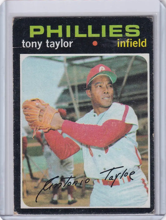 1971 Topps Baseball card of Tony Taylor from Philadelphia Phillies in red and white uniform