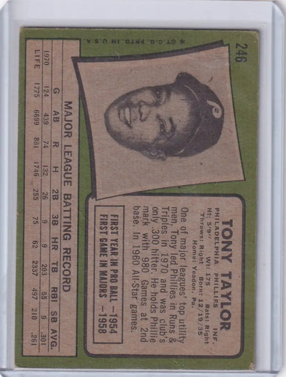 Vintage 1971 Topps Baseball card featuring Tony Taylor of the Philadelphia Phillies