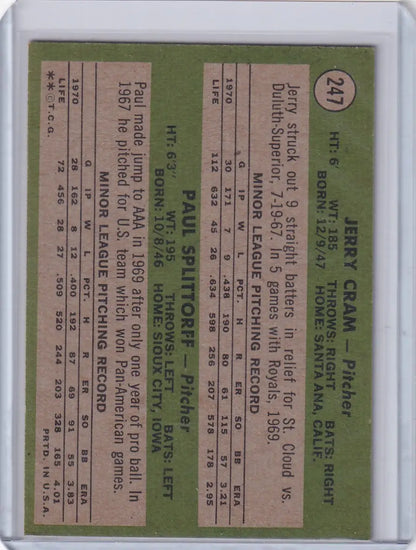 Vintage Topps Baseball card featuring Royals Rookies Jerry Cram and Paul Splittorff