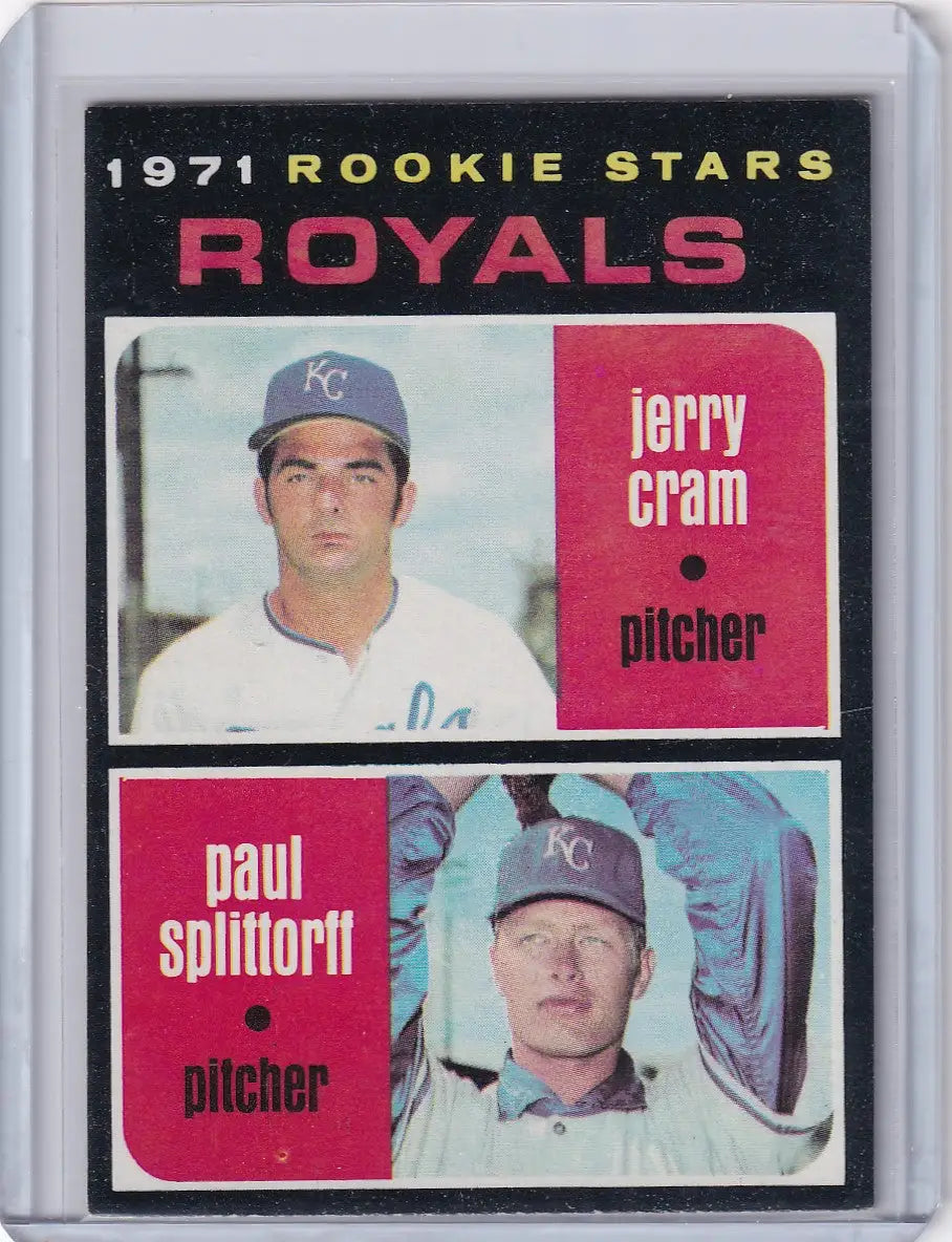 1971 Topps Baseball card featuring Royals Rookies Jerry Cram and Paul Splittorff RC